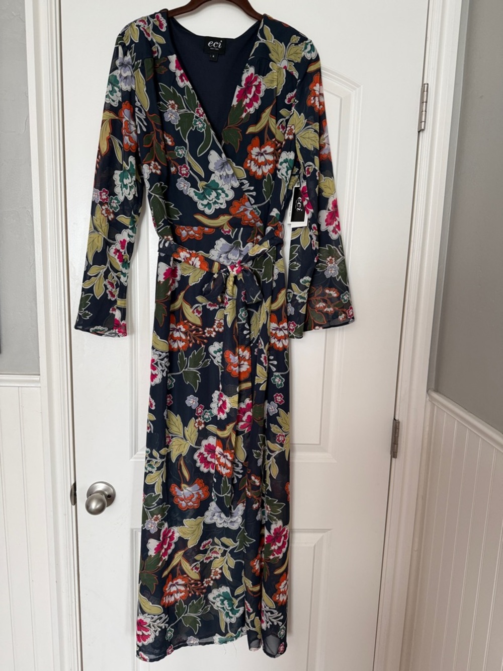 ECI Navy Floral Wrap Maxi Dress with Multicolor Blooms